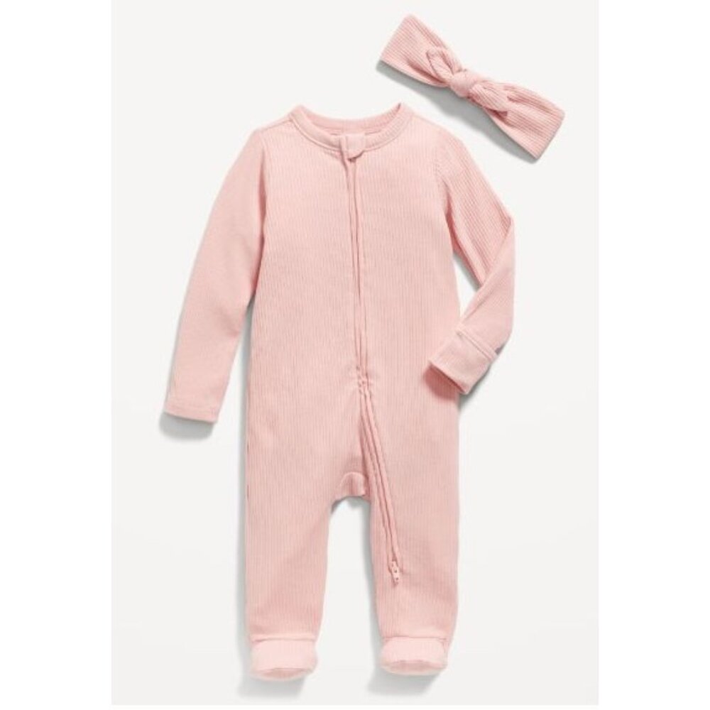 OLD NAVY pink ribbed zipper sleeper and headband size 3-6 months